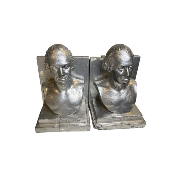 1960 Distressed Pair of Bookends Silver Bust of Washington Plaster Creepy - Picture 6 of 10